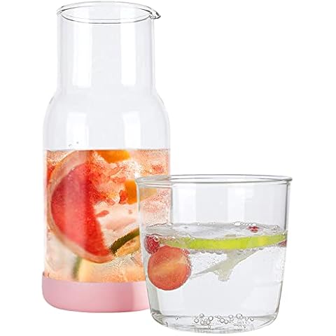HOMBYS Bedside Water Carafe with Tumbler Glass Set for Bedroom Nightstand, Glass Mouthwash Bottle for Bathroom,Clear Glass Juice Water Pitcher with Silicone Coaster, Night Water Carafe with Cup 17 OZ Cover