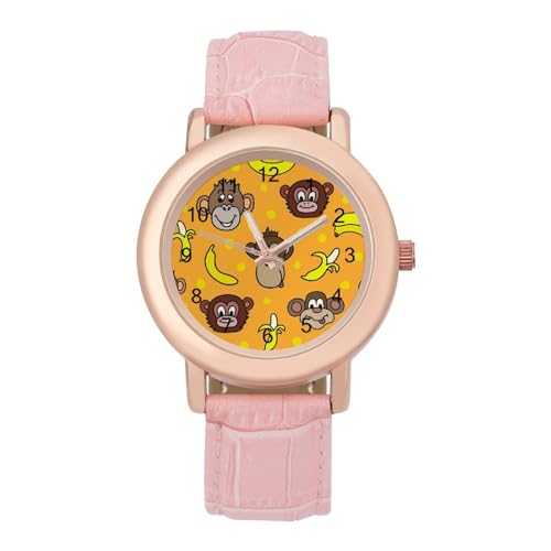 Cute Faces of Monkeys and Bananas Classic Watches for Women Funny Graphic Pink Girls Watch Easy to Read