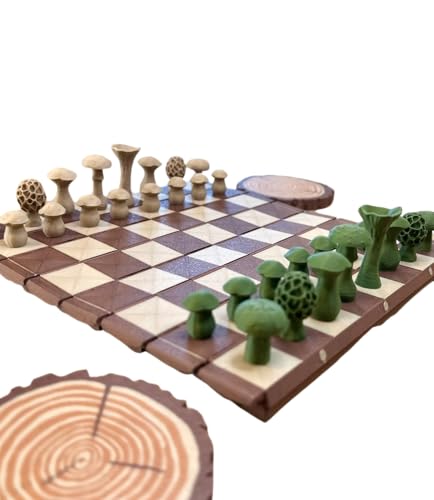 Forest Log Chess Set with Mushroom Pieces and Roll-Up Board