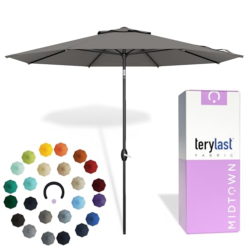 Image of Midtown Umbrellas 10-Year-No-Fade - 9 Ft - UV Proof Charcoal Grey Polyester Fabric - Umbrella Outdoor Patio, Auto-Tilt Aluminum Frame Patio Umbrella for Garden, Pool & Deck - Black Pole