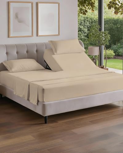 Flex Top Split Head King 4 Piece Sheet Set - Comfy Breathable & Cooling Bed Sheets Set - Hotel Luxury Bedding for Women, Men, Kids, Teens, Boys & Girls - Deep Pockets, Ultra-Soft - Oeko-Tex - Wheat