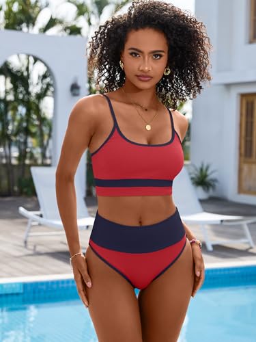 Image of ANRABESS Women's High Waisted Bikini Sets,Color Block 2 Piece Swimsuits,Tummy Control Bathing Suits,Thick Ribbed Beach Wear