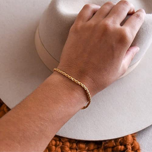 Brijewnes Rope Chain Gold Bracelets For Men,Solid 925 Sterling Silver Clasp Gold Chain Mens Bracelet 3Mm Mens Chain Bracelet For Mens Jewelry Gifts Gold Bracelets For Men 7.5 Inches #TOP2