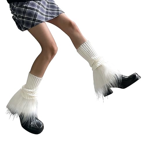 Image of Women Leg Warmer Girls Faux Fur Trim Knitted Leg Cover Lolita Winter Warm Long Socks Furry Boot Cuff
