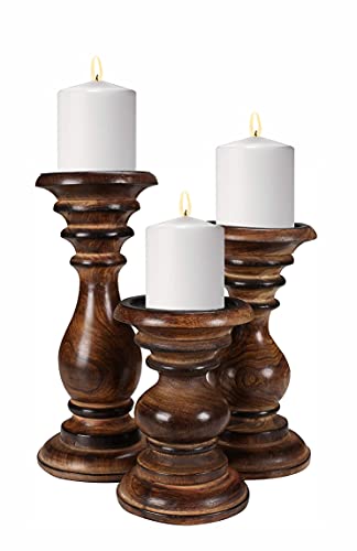 Candle Holder Stand Wooden, Candalbras, Candle Holders, Unity Candle Holders, Rounded Turned Colums, Country Style Idle Gift For Wedding, Party, Home, Spa - 10,8,6 Inch Set Of 3 Natural Burnt #TOP1