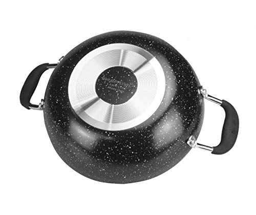Non Stick Wok with Glass Lid Heavy Duty Non Stick Karahi Kadhai Kadai Aluminium Wok Deep Frying Cooking Saute Stir Fry Pan Wok with Lid Silicone Cover Handles (24cm) Second Image