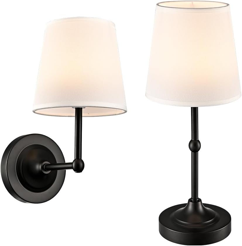 Battery Operated Table Lamp Wall Sconce Set of 2, Black 2-in-1 Rechargeable Desk Lamp Wall Lights with Magnetic Dimmable LED Bulbs and Remote, Small Wireless Night Lamps for Bedroom Living Room