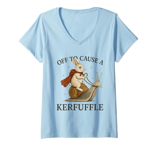Women's Whimsical Rabbit Off to Cause A Kerfuffle Meme Easter Rabbit V-Neck T-Shirt