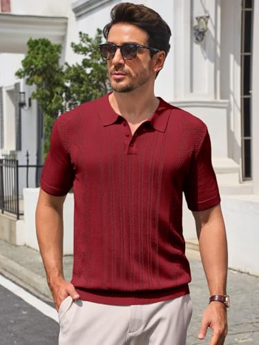 Runcati Mens Knit Polo Shirts Short Sleeve Slim Fit Casual Golf Shirts Hollow Out Cotton Summer Textured Tops2