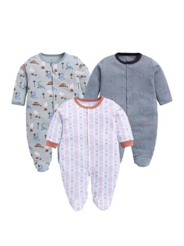 Image of BABY GO Baby Sleepsuit Pack of 3 | 100% Cotton Full Sleeve Footed Romper for Newborn Baby Boys & Girls | Front Open Snap Button Onesie Jumpsuit | Soft Breathable Nightwear