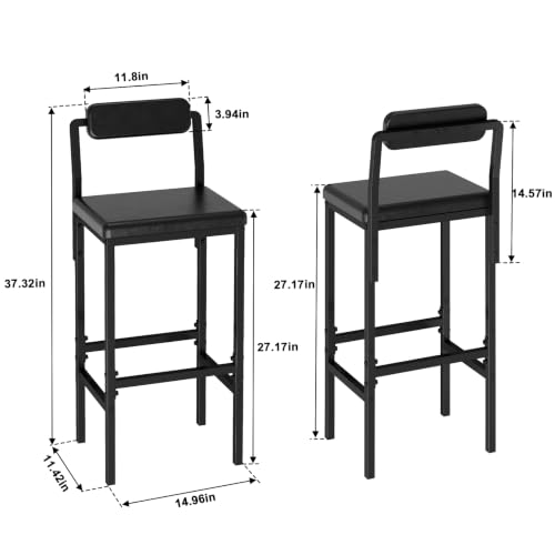 Set de 2 butacos para isla de cocina, butacos modernos de cuero sintético negro con respaldo, estilo industrial simple para cocina, comedor y bar en casa miniatura 2