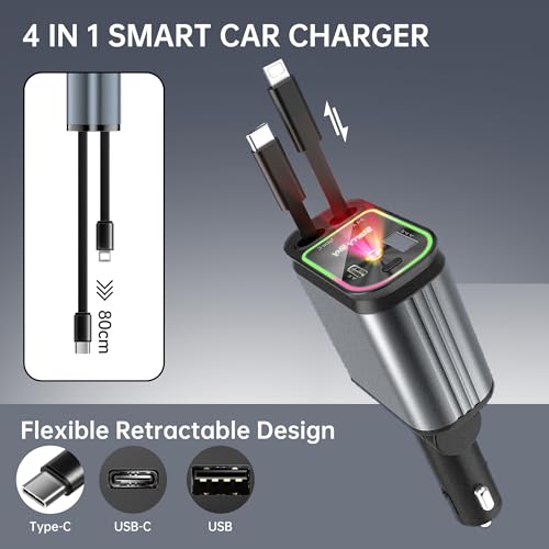 Cargador de coche retráctil 4 en 1 de 66W tipo C y luz estelar para móviles Android e iPhone 7