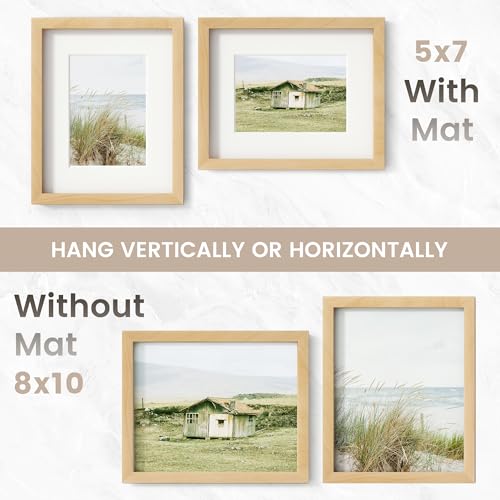 Image of 8x10 Picture Frame, USA-Sourced Natural Beech Wood Photo Collage Frame with HD Tempered Glass, Modern Simple 8 x 10 Wooden Frame Matted to 5x7, Gallery Wall Frames for Art, Wall or Tabletop Display