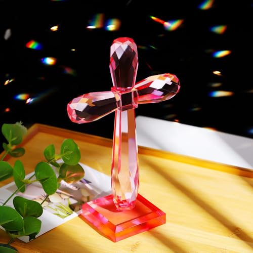 Image of YWHL Handmade Pink Crystal Standing Cross Decor, Religious Cross Gifts