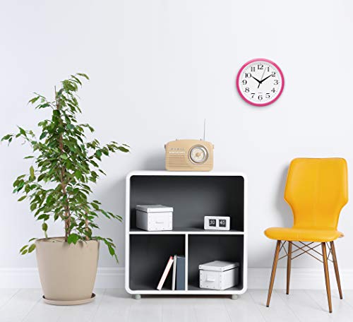 Image of Bernhard Products Pink Wall Clock 10 Inch Silent Non Ticking Battery Operated Quality Quartz Round Easy to Read Home /Office /Kitchen /Nursery /Girl's Bedroom /Classroom /Kids Playroom /School Clock
