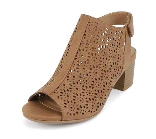 Image of CITYCLASSIFIED inchElect inch ~ Women's Peep Toe Laser Cut Geometric Caged Slingback Ankle Strap Low Stacked Heel Ankle Bootie