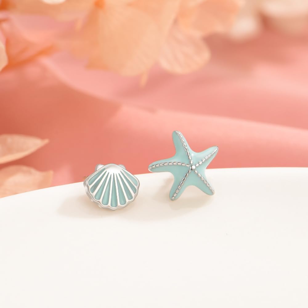 Blue Sea Shell Starfish Asymmetric Stud Earrings for Women 925 Sterling Silver Tiny Small Star Enamel Seashell Huggie Studs Earring Cute Jewelry Gifts Summer Beach Hypoallergenic - Image 4