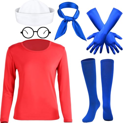 Matiniy Halloween Cosplay Accessories Set Include Red Long Sleeves White Hat Blue Gloves Scarf Gloves Black Glasses (L)
