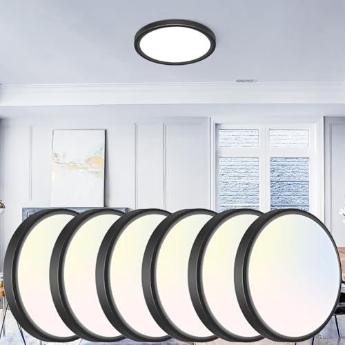 Image of libtit 7 inch Flush Mount LED Ceiling Light Fixture, 3000K-6500K Adjustable, 15W 1500lm Black Satin Round Ceiling Lamp for Bathroom Hallway Kitchen Bedroom, 6 Pack