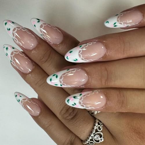 24 uñas postizas de punta francesa con encaje y flores, uñas acrílicas artificiales para uso diario