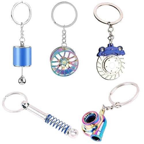 ZHAOYCSH 5 Piezas Llavero de Coche de Metal - Juego de Llaveros de Autopartes (Disco de Freno, Turbo, Palanca de Cambios, Llanta, Amortiguador) en Azul, Accesorios Creativos para Moto y Auto