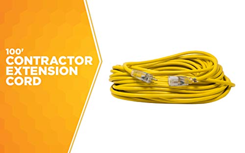 Woods 992555 12-Gauge Extra Heavy Duty 100 Ft, Yellow 3 Prong Outdoor Extension Cord Clip, Water Resistant, Reinforced Blades, Sjtw High Visibility Vinyl Jacket, Foot #TOP1