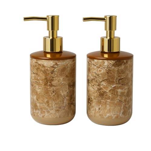 Image of LAGET 300ml Soap Dispenser for Wash Basin - Marble Golden Print | Kitchen and Bathroom Accessories Items | Refillable Handwash Dispenser Bottles- Set of 2 (Brown Twinkle)