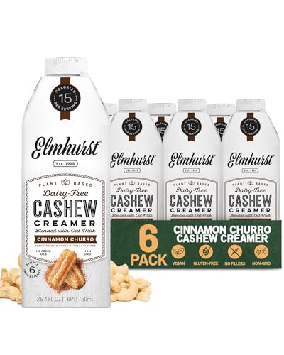 Elmhurst 1925 Cinnamon Churro Cashew Creamer - Dairy-Free, Vegan, Kosher, Low Sugar, Shelf Stable Creamer Made with Cashew & Oat Milk for Healthier Coffee, Latte and Smoothies - 25.4 Ounce (Pack of 6)