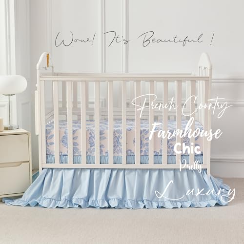 Image of Brandream Organic Crib Fitted Sheets for Baby Girls, Cottagecore Fitted Crib Sheet for Standard Crib and Toddler Mattress Super Soft 100% Cotton Baby Sheet French Country Blue Coquette Bow Rose Print