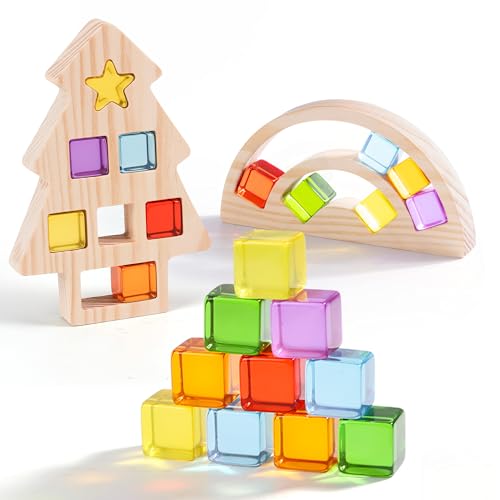 Image of Woodtoe Wooden Building Blocks Set for Kids, Rainbow & Tree Wood Frame - 24 PCS Acrylic Gem Cubes Stacking Blocks, Montessori Stacking Toys, Educational Birthday Toys Gift for Toddlers 3-6