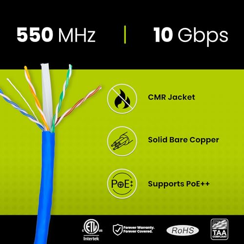 TRUE CABLE Cat6 Riser (CMR), 1000ft, Blue, 23AWG 4 Pair Solid Bare Copper, 550MHz, ETL Listed, Unshielded Twisted Pair (UTP), Bulk Ethernet Cable