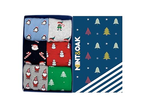 Image of Mint & Oak Printed Christmas Socks For Men, Cotton Crew Colorful Secret Santa Gift Box for Men, Xmas Calf Length Boys Socks With Fun Prints - Gift Box