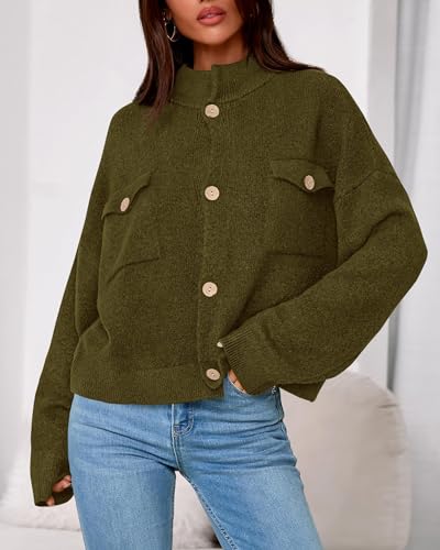 KIRUNDO Cardigans for Women Trendy Button Up Sweater Jackets Mock Neck Long Sleeve Loose Fit Chunky Knit Outwear Coats4