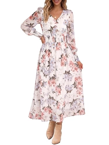 ANRABESS Women's Long Sleeve Floral Maxi Dress Casual V Neck Chiffon Boho Flowy Beach Fall Wedding Guest Party Long Dresses White Flor X-Large