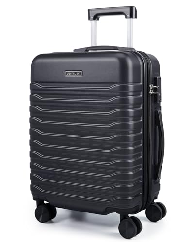 LIGHT FLIGHT Expandable Carry On Luggage 22x14x9 Airline Approved with Double Spinner Wheels 20 Inch Lightweight Hard Shell Rolling Suitcases with TSA Lock Black