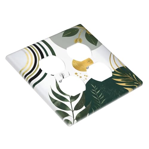 Decorative Outlet Covers Boho Green Leaves Bohemian Gold Sun 2 Gang Wall Plate Cover Double Duplex Receptacle Two Switch Light Switch Cover Plate Jumbo Dual Faceplate