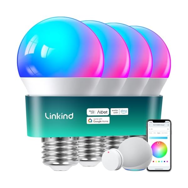 Linkind Smart Light Bulbs with Remote Control, Smart Bulb That Work with Alexa & Google Home, 16 Million Color Changing Light Bulbs 60W, A19 E26 2.4Ghz WiFi Light Dimmable,1800K-6500K,800lm 4 Pack