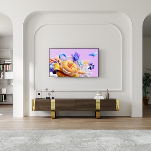 Anewsun Walnut and Gold TV Stand, 79" TV Entertainment Center with 2 Hidden Storage Drawers and Cabinets, Media Console with Polished U-Shaped Leg for Living Room, Bedroom
