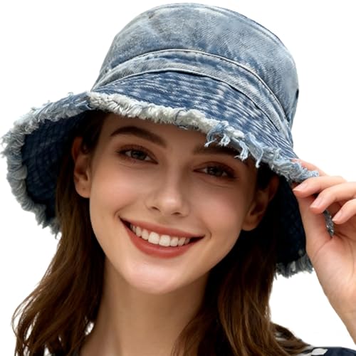 Busnos Denim Bucket Hats for Women Denim Cowboy Hats Boonie Hat for Men Trendy Cute Bucket Hat Foldable Brim Beach Cap Light Blue Wide Brim Caps