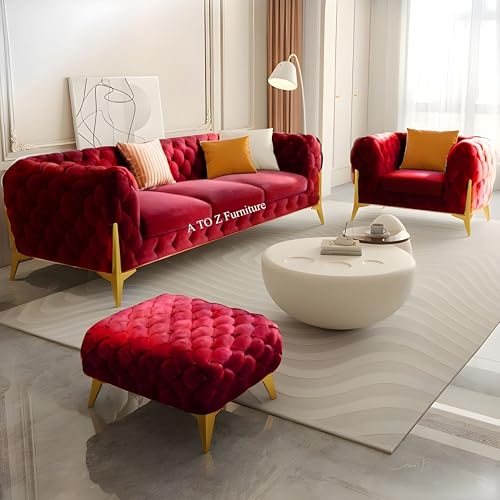 Image of A to Z Furniture Modern Classic Fabric & Valvet Tufted Chesterfield Sofa Living Room and Office (3+1= 4 Seater Sofa Set with Footrest Burgundy)