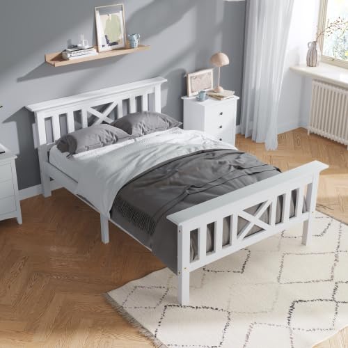 vutizal Cama individual de madera maciza, 140 x 200 cm, color blanco, cabecero en X de madera de pino, somier de láminas con bajo VOC, espacio de almacenamiento opcional, para niños y adolescentes
