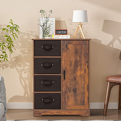 Usikey Storage Cabinet With 4 Removable Drawers And 1 Door, Accent Floor Cabinet With Adjustable Shelves, Cupboard For Living Room, Bedroom, Rustic Brown #TOP1