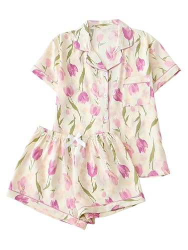 Image of Verdusa Pajamas For Women Set 2 Piece Summer Pajama Sets Cute Pjs Lounge Matching Button Shirt with Shorts