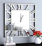 SHYFOY Orologio da Parete Moderno Quadrato a Specchio, Grande Orologio da Parete Senza Ticchettio, Design di Vetro e Specchi, 80 X 80 cm, per Soggiorno, Cucina (Argento)