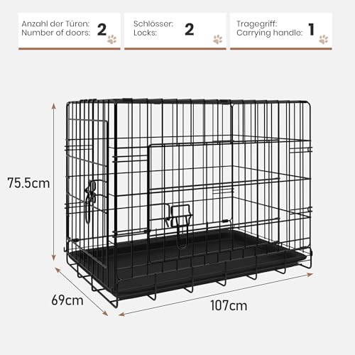 Leopet® Hundekäfig - Faltbar, für Zuhause, Wohnung, Leicht, mit Kunststoffschale, aus Metall, Schwarz - Hundetransportkäfig, Hundetransportbox, Tiertransportbox, Hundebox (LxBxH: 107x69x76 cm)