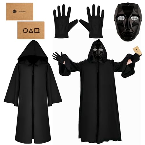 TaimeiMao Disfraz de Halloween, capa con capucha, color negro+máscara+guantes negros+10 tarjetas, para Halloween, carnaval y disfraz para hombre y mujer