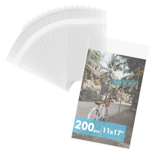 Mat Board Center (200 Pack) 11 3/7 x 17 1/4 Clear Resealable Plastic Sleeves Self Sealing Polypropylene Bags for Paper Photographs Prints & Documents