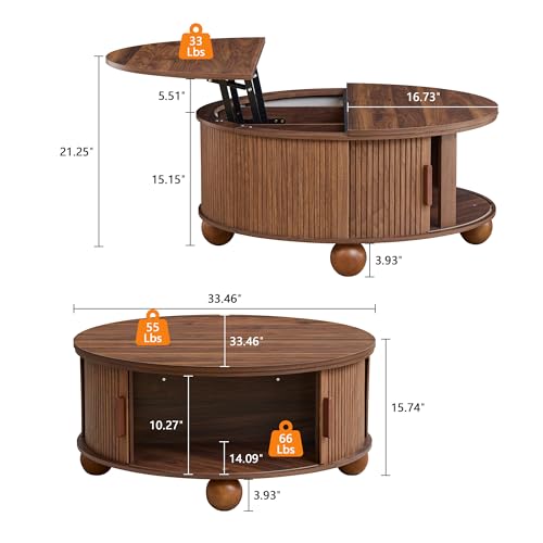 Image of Round Lift Top Coffee Table with Storage, Fluted Circle Coffee Table,Walnut | 33.5 inch Mid Century Modern Lift Top Coffee Table with Sliding Door & Solid Wood Legs, Circle Round Center Table for Living Room
