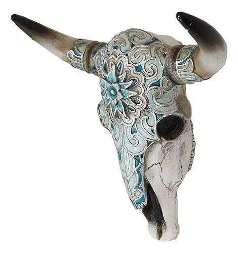 Ebros Gift Western Turquoise Floral Horned Cow Skull Wall Decor Plaque Sculpture Wildlife Bisons Bulls Spirit Totem Accent Sculpture thumb #4