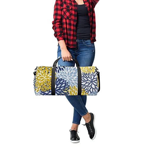 Bolsa de viagem grande para homens e mulheres, bolsa de viagem leve com flores de crisântemo azul e